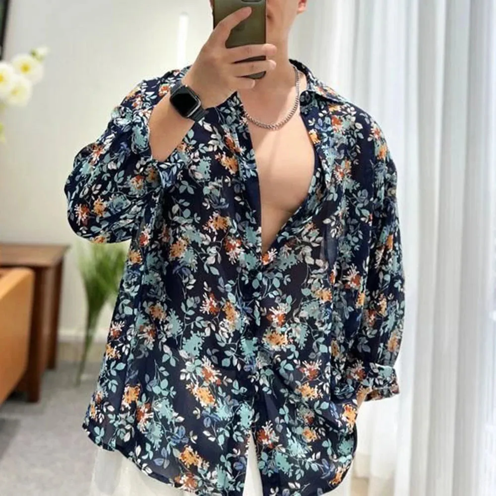 Wiaofellas Fashion Floral Shirt Summer New Thin See Through Shirts Outerwear Luxury Mens Clothing LGBT Casual Blouse Trendy Streetwear