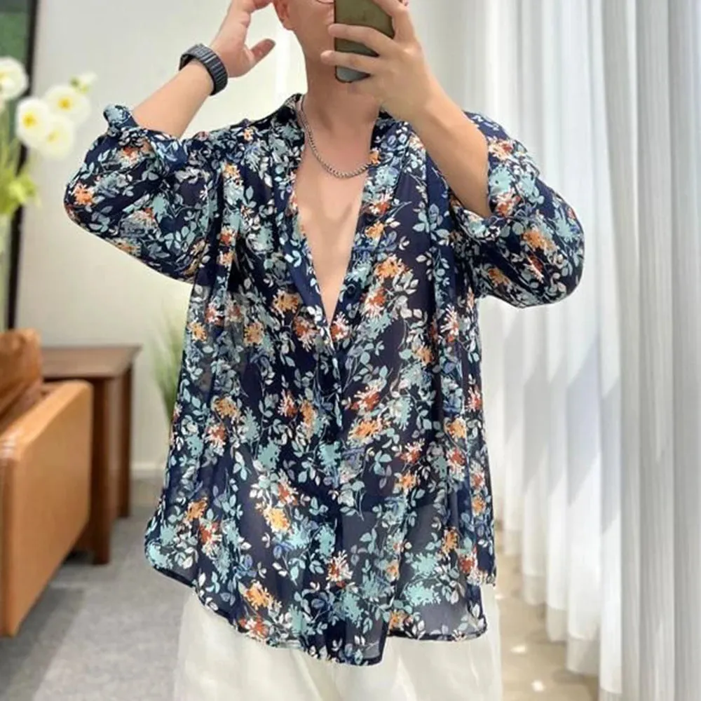 Wiaofellas Fashion Floral Shirt Summer New Thin See Through Shirts Outerwear Luxury Mens Clothing LGBT Casual Blouse Trendy Streetwear