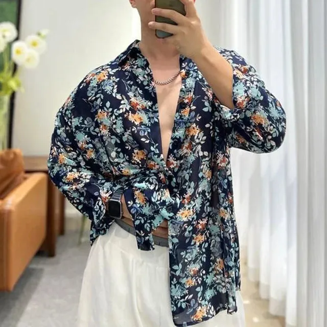 Wiaofellas Fashion Floral Shirt Summer New Thin See Through Shirts Outerwear Luxury Mens Clothing LGBT Casual Blouse Trendy Streetwear