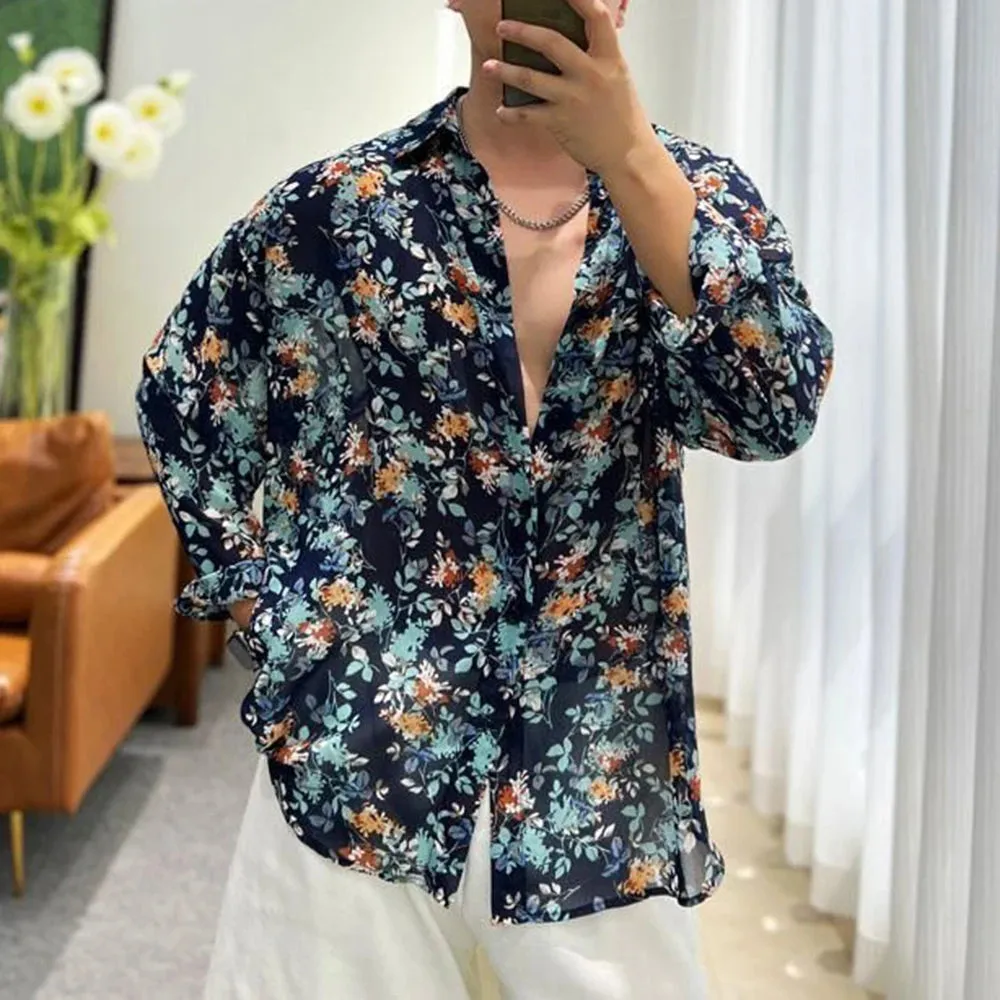 Wiaofellas Fashion Floral Shirt Summer New Thin See Through Shirts Outerwear Luxury Mens Clothing LGBT Casual Blouse Trendy Streetwear