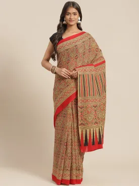 Women Red & Black Ajrak Print Cotton Saree With Blouse