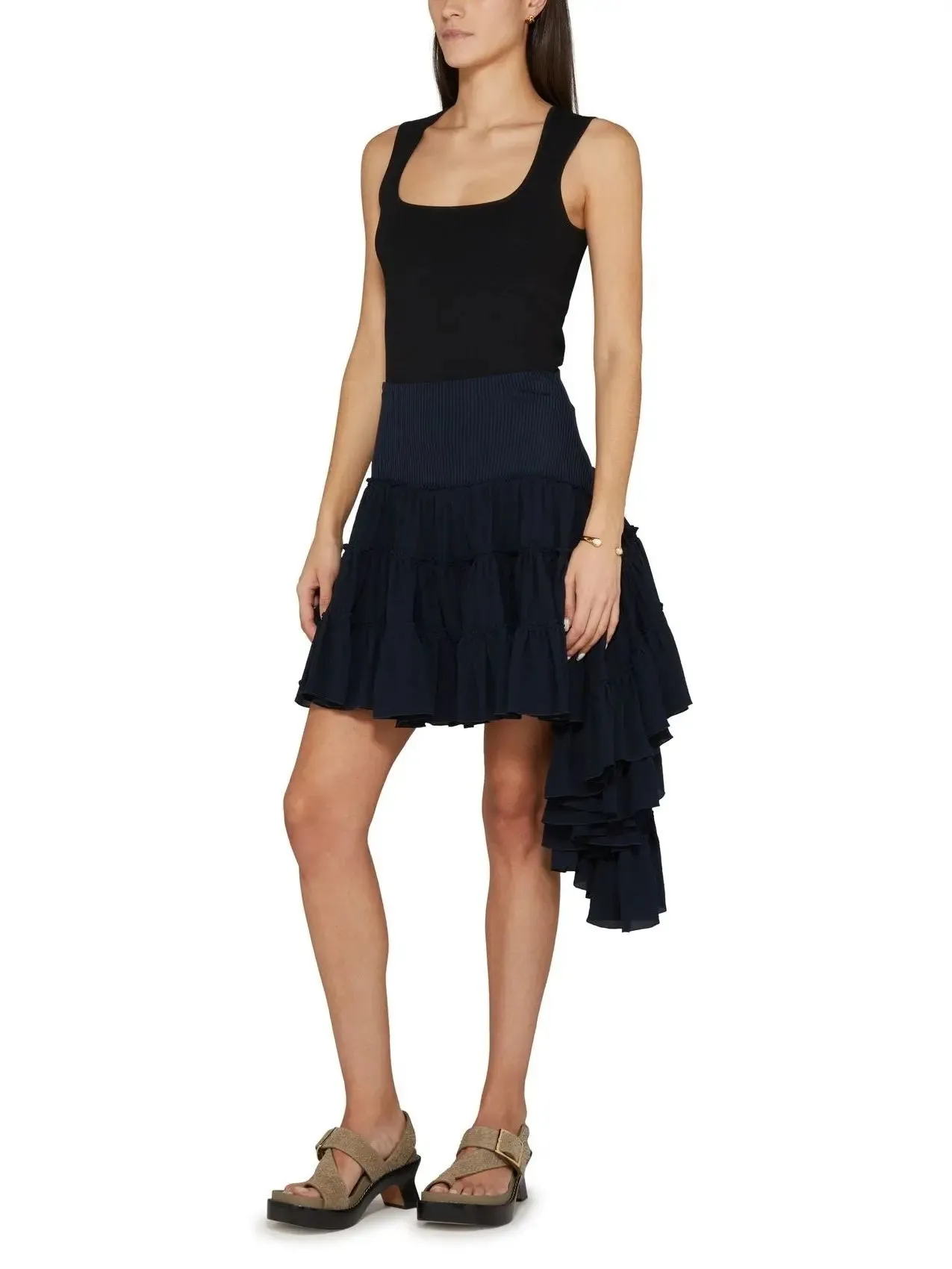 Women’s Asymmetric Ruffle Tiered Mini Skirt in Navy