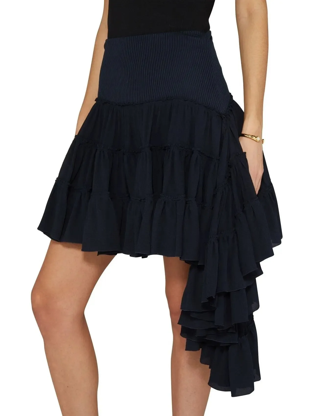 Women’s Asymmetric Ruffle Tiered Mini Skirt in Navy