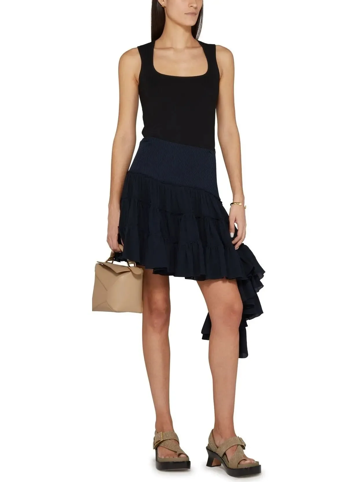 Women’s Asymmetric Ruffle Tiered Mini Skirt in Navy