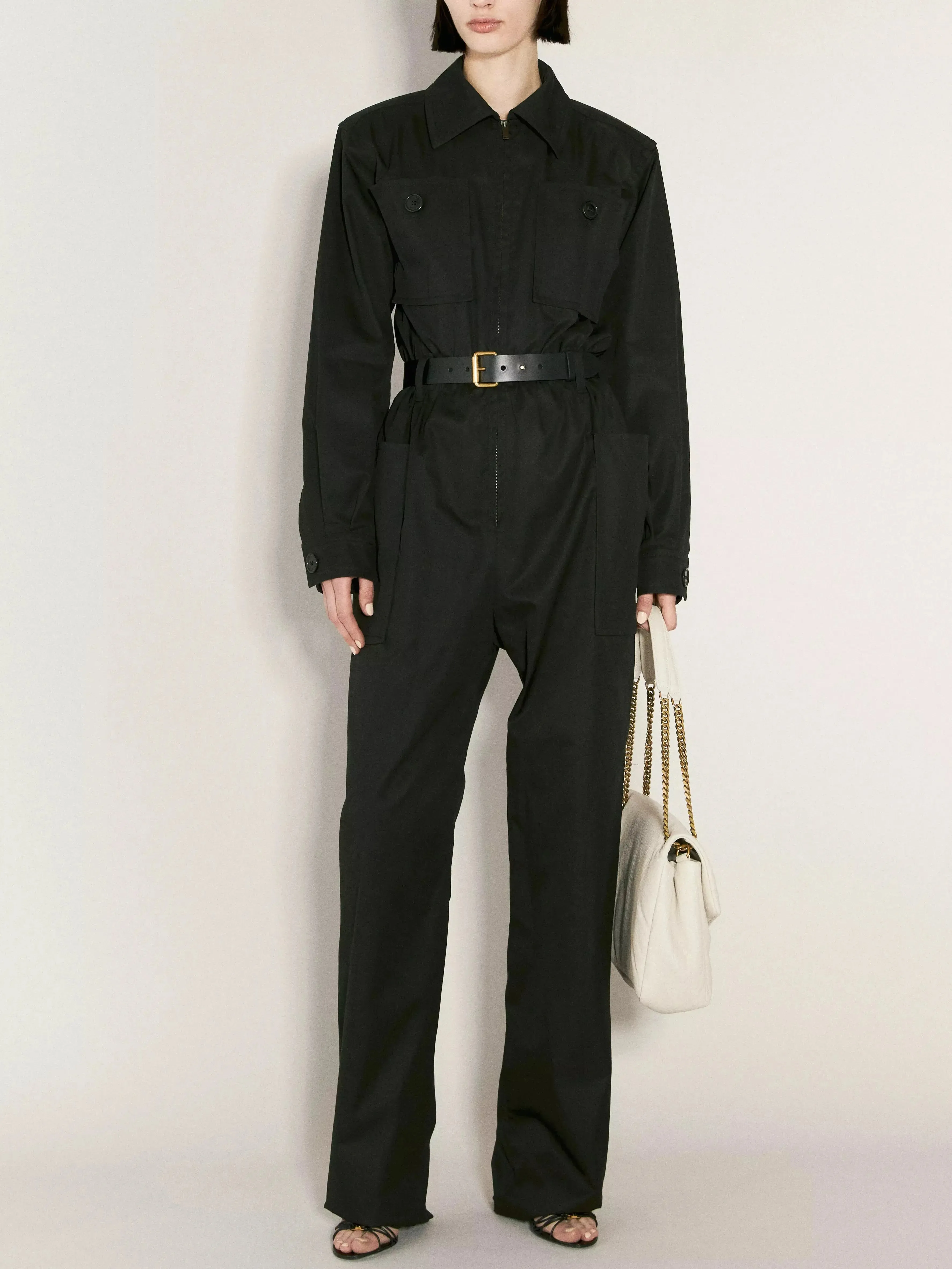 Women’s Belted Black Cotton Cargo Jumpsuit