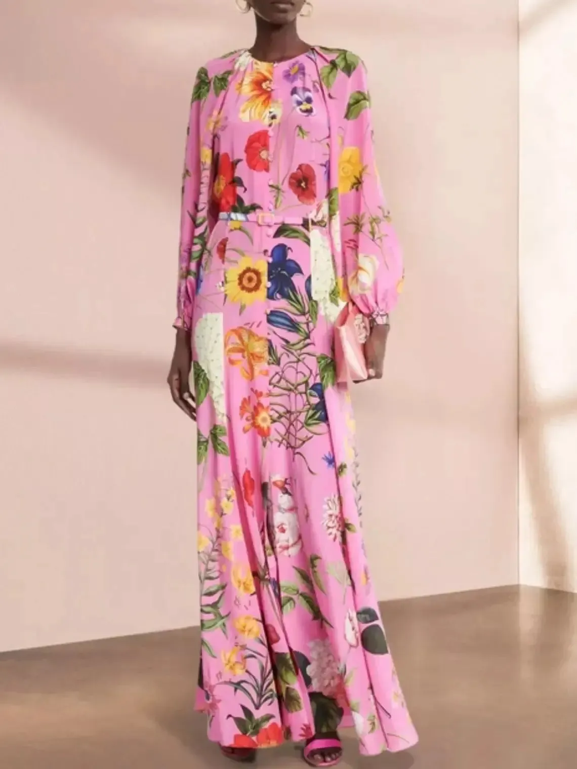 Women’s Belted Button-Front Floral-Print Pink Long-Sleeve Maxi Dress