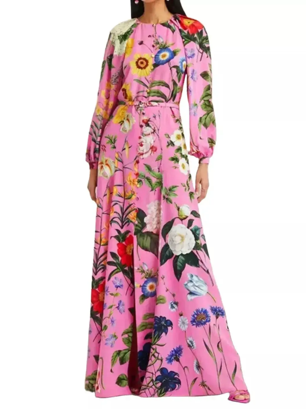 Women’s Belted Button-Front Floral-Print Pink Long-Sleeve Maxi Dress