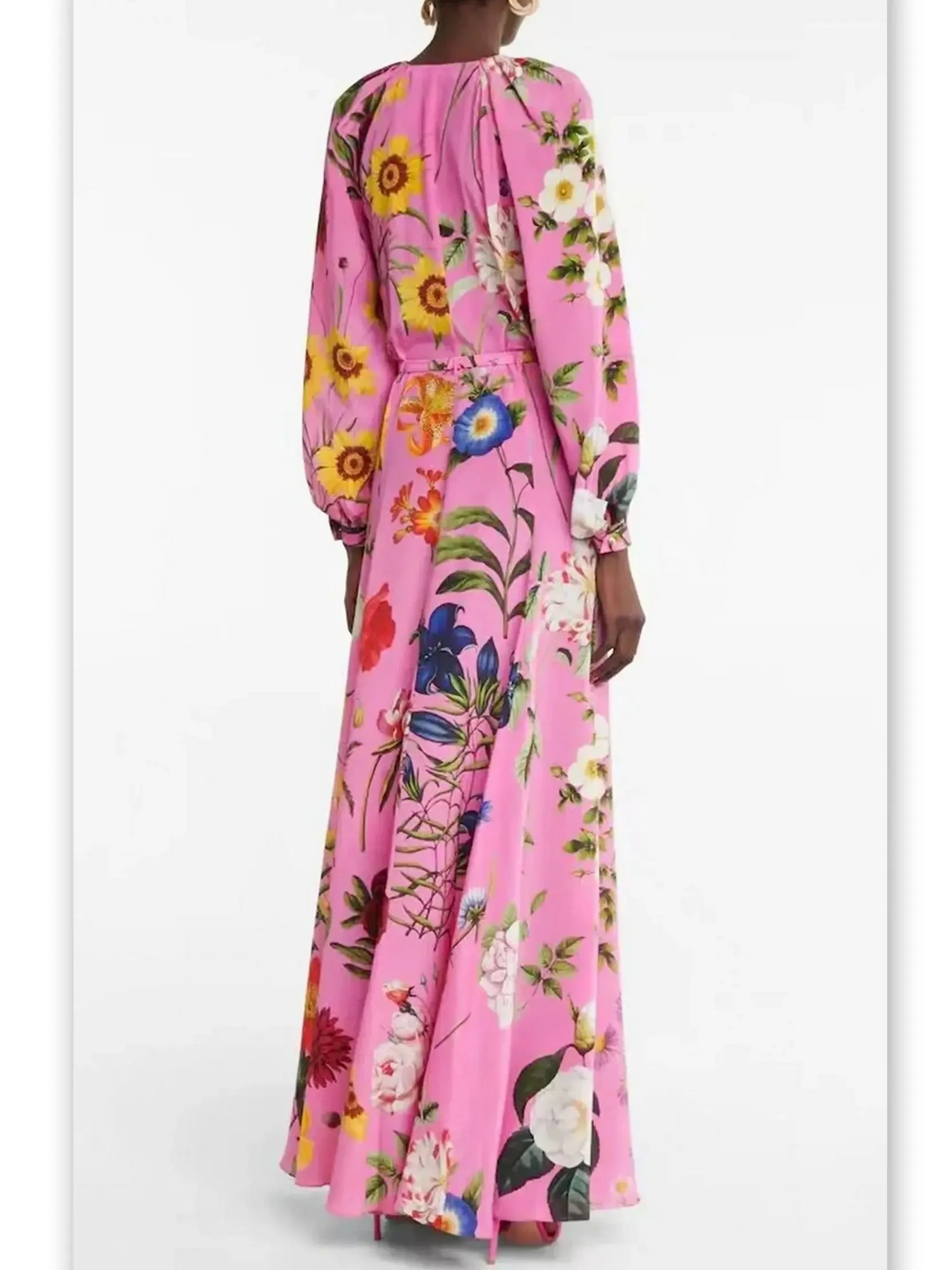 Women’s Belted Button-Front Floral-Print Pink Long-Sleeve Maxi Dress