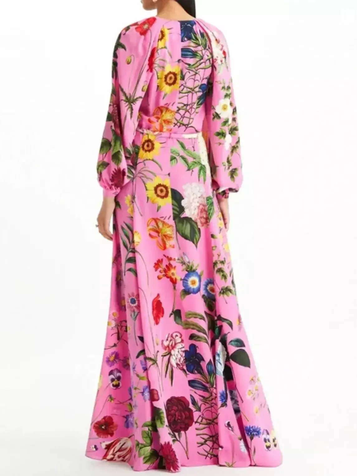 Women’s Belted Button-Front Floral-Print Pink Long-Sleeve Maxi Dress