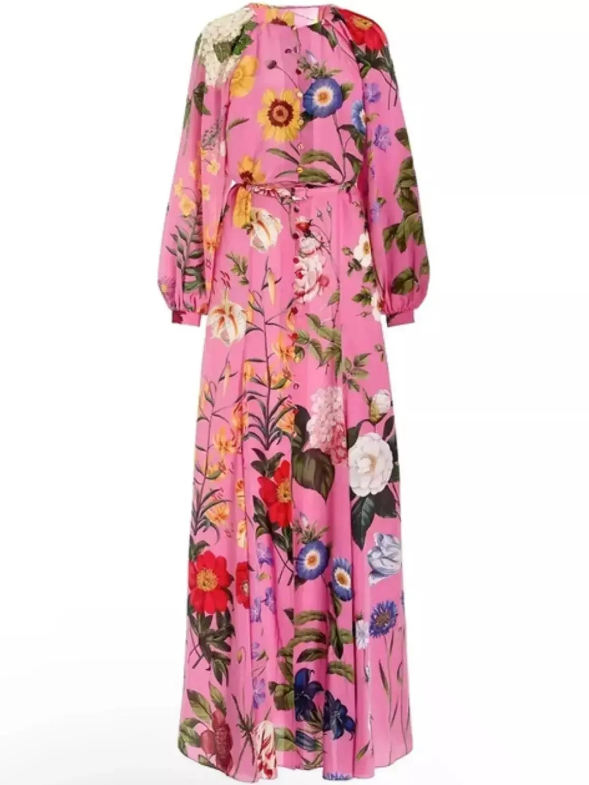 Women’s Belted Button-Front Floral-Print Pink Long-Sleeve Maxi Dress