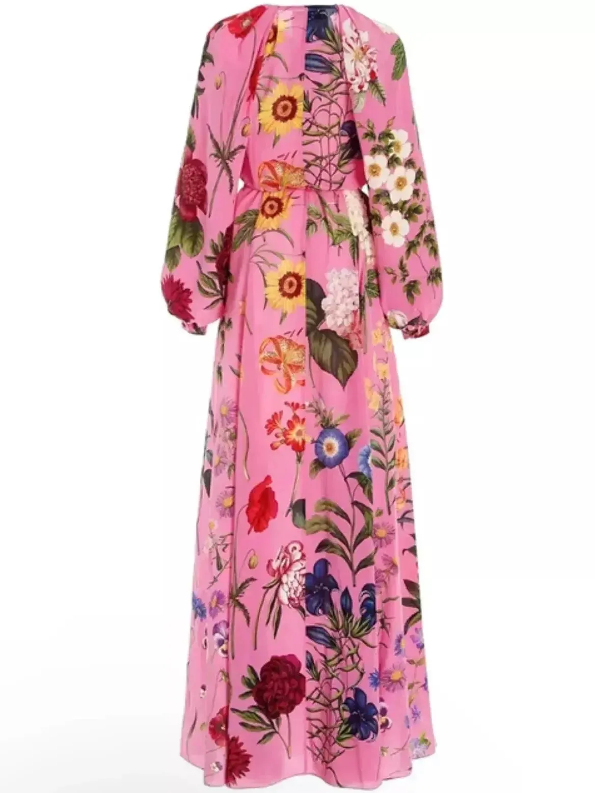 Women’s Belted Button-Front Floral-Print Pink Long-Sleeve Maxi Dress