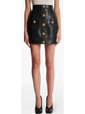 Women’s Black Leather Mini Skirt with Gold Button Embellishments