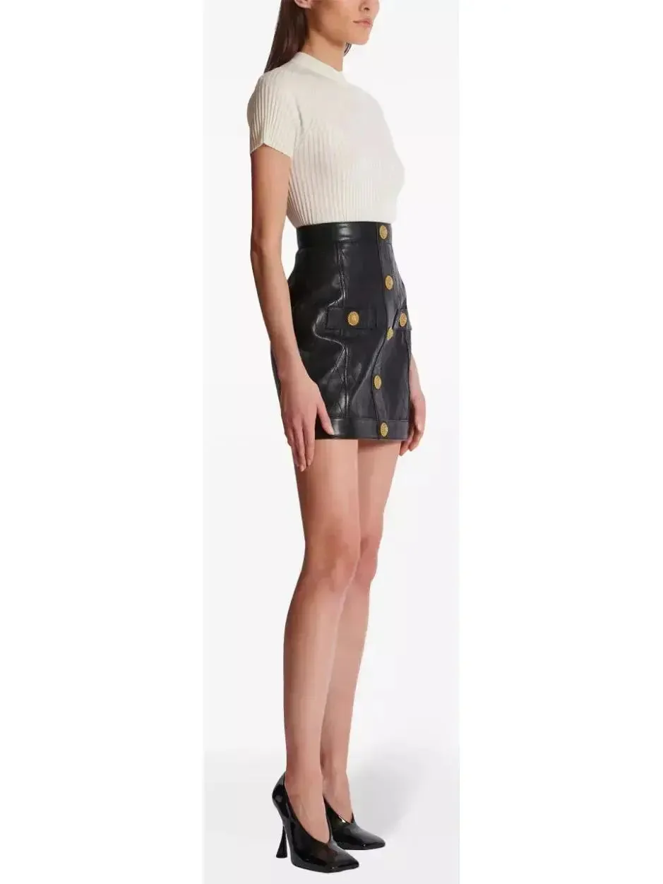 Women’s Black Leather Mini Skirt with Gold Button Embellishments