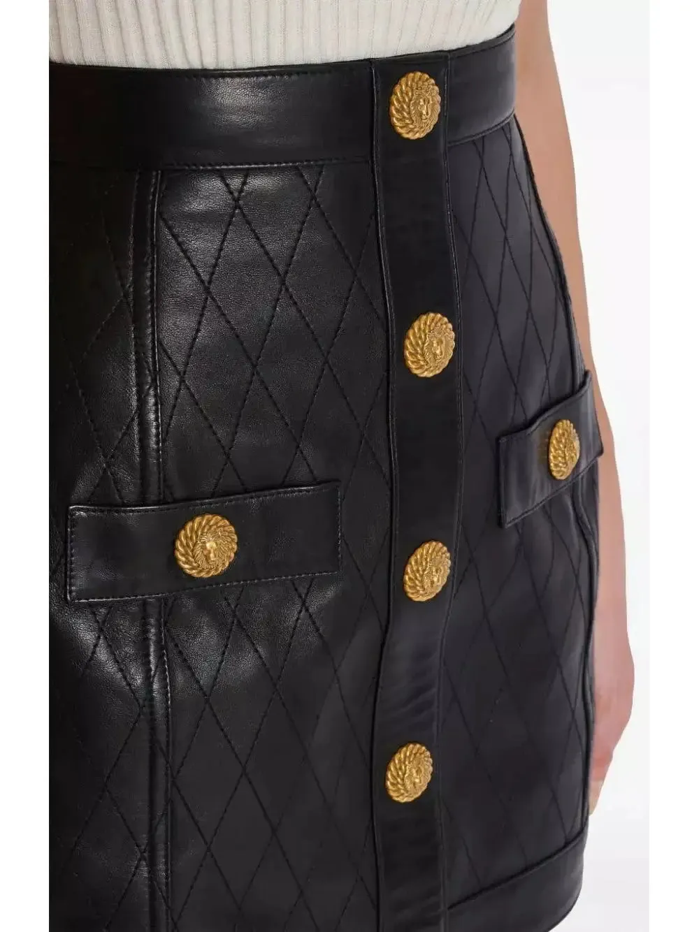 Women’s Black Leather Mini Skirt with Gold Button Embellishments