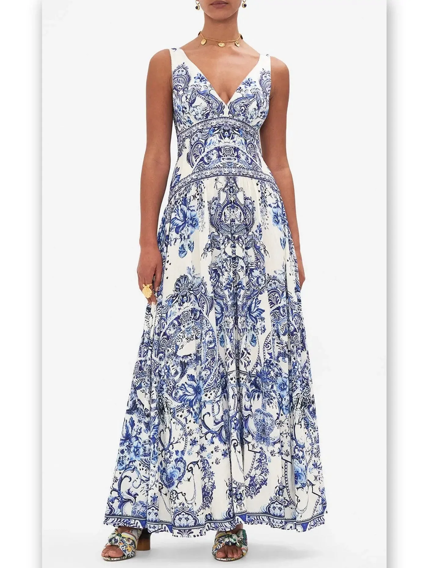 Women’s Blue and White Porcelain Print Tie-Shoulder Silk and Linen Maxi Dress