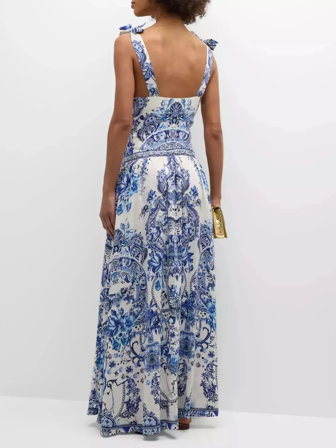 Women’s Blue and White Porcelain Print Tie-Shoulder Silk and Linen Maxi Dress