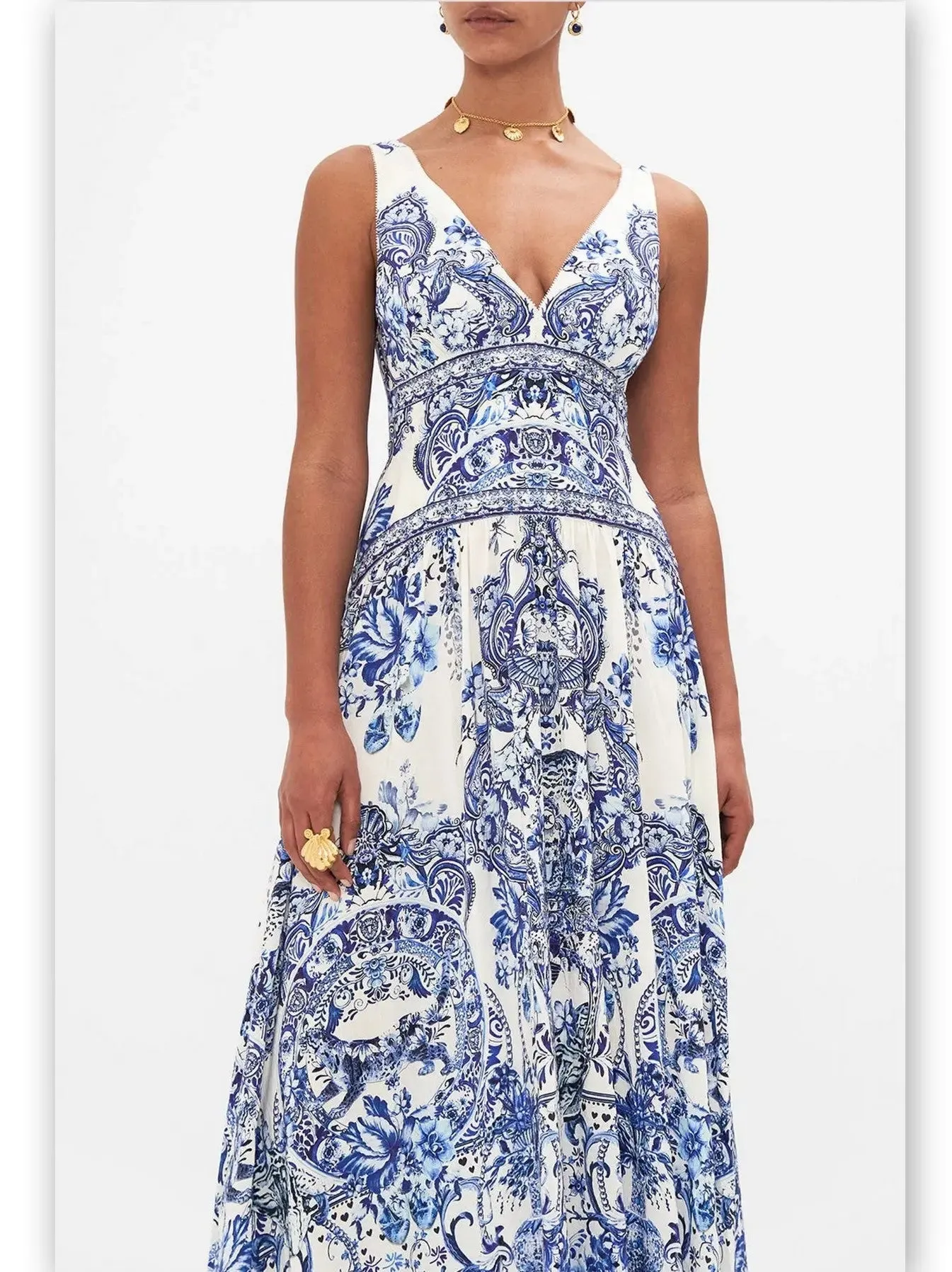 Women’s Blue and White Porcelain Print Tie-Shoulder Silk and Linen Maxi Dress