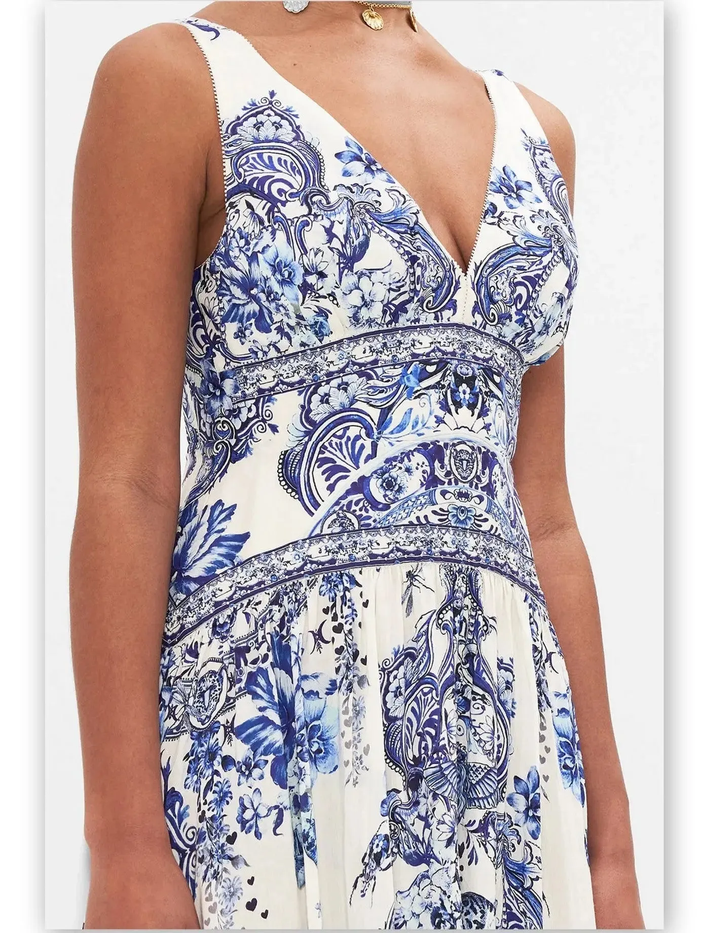 Women’s Blue and White Porcelain Print Tie-Shoulder Silk and Linen Maxi Dress