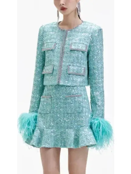 Women’s Boucle Feather Jacket and Skirt Set