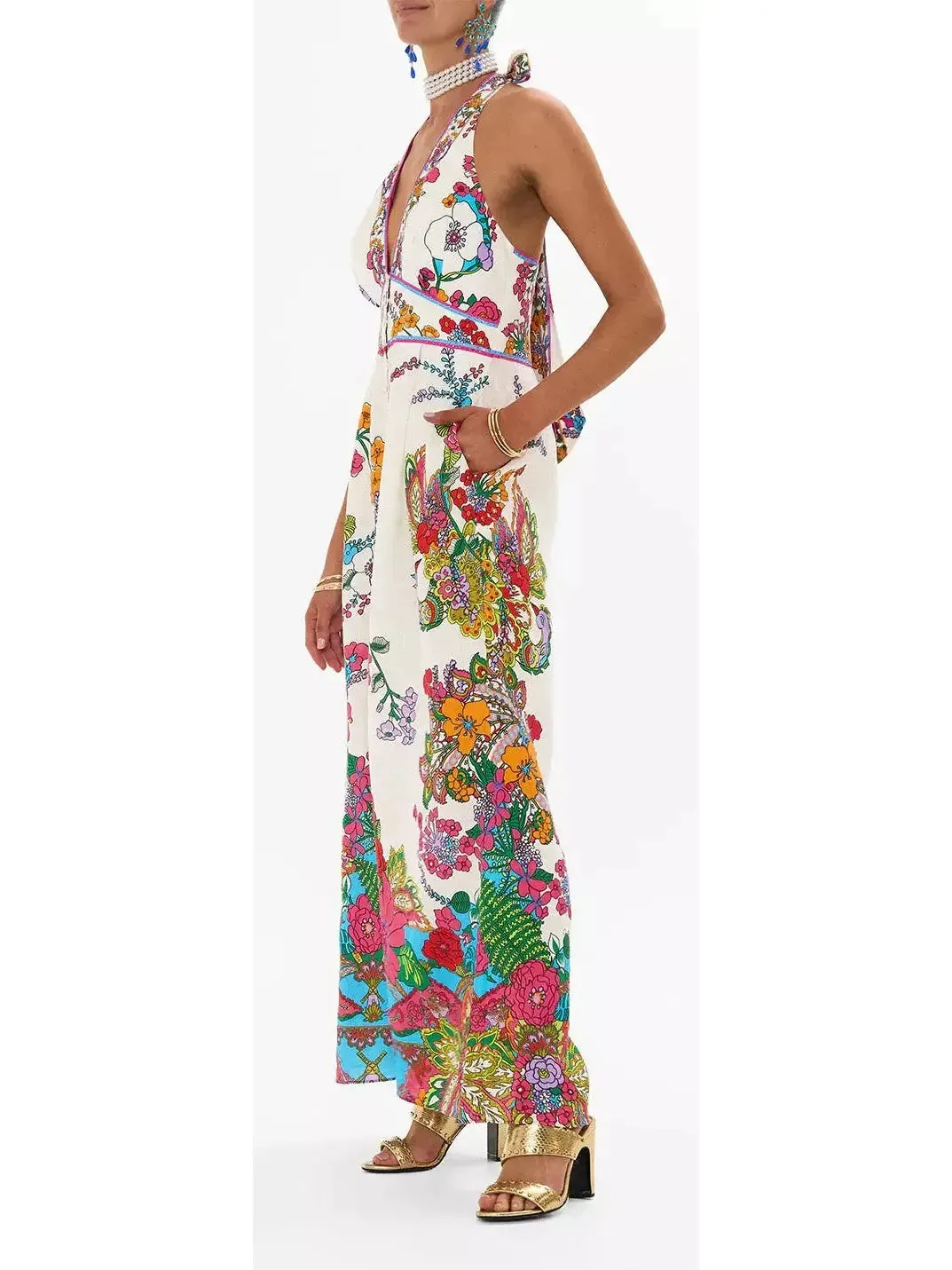 Women’s Bright Floral Printed Halter-Neck Wide-Leg Jumpsuit