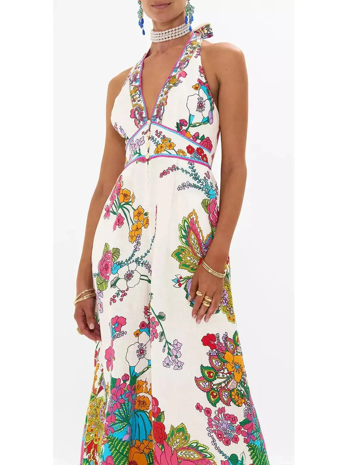 Women’s Bright Floral Printed Halter-Neck Wide-Leg Jumpsuit