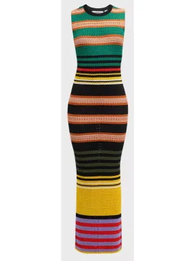 Women’s Bright Multicolored Striped Pointelle-Knit Sleeveless Maxi Dress