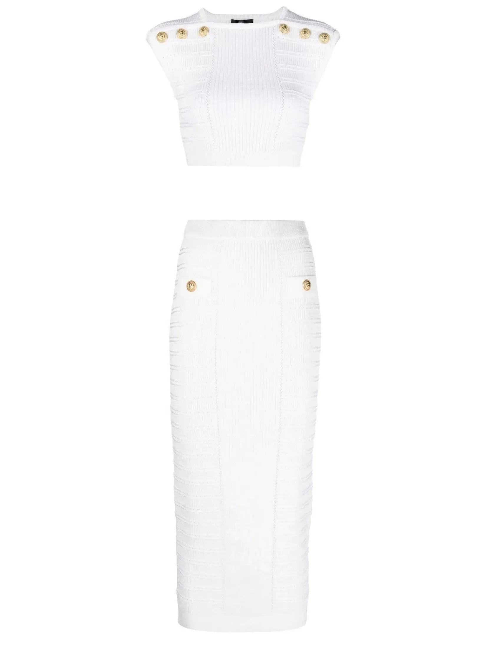 Women’s Button-Embellished Knit Crop Top and Skirt Set, White