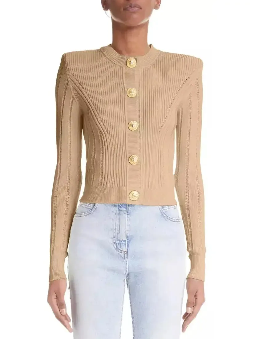 Women’s Button Embellished Knitted Cardigan in Beige