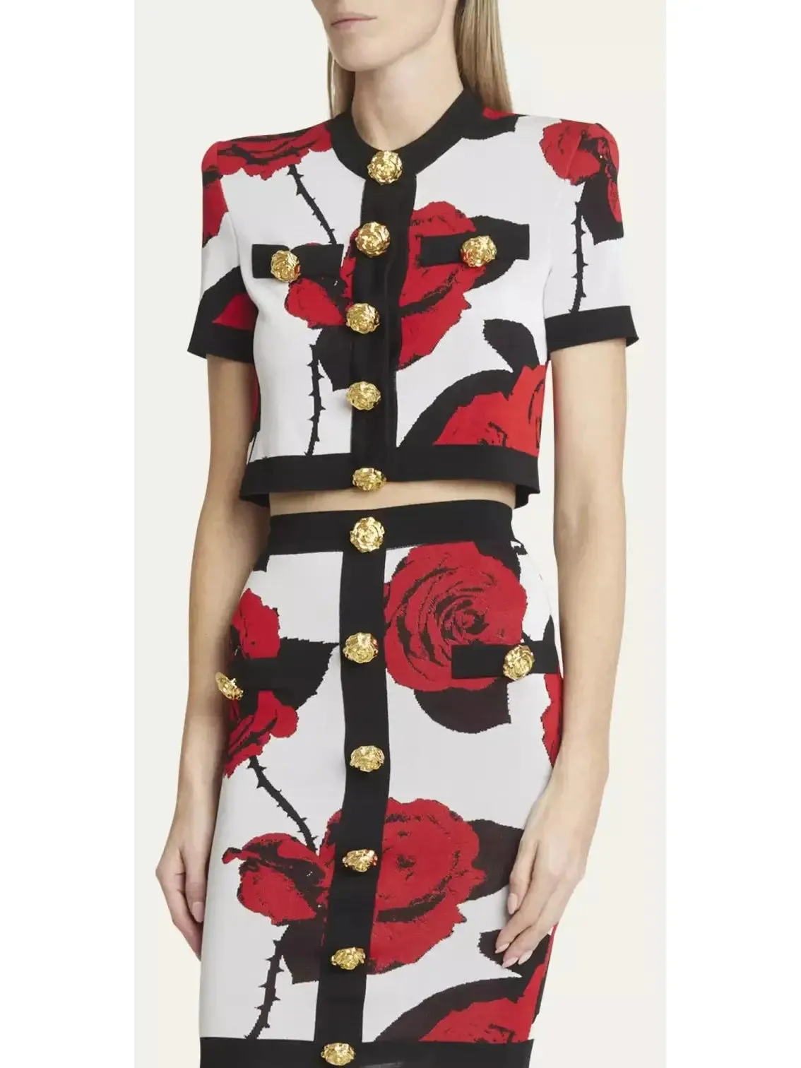 Women’s Cropped Rose Print Rose-Button Cardigan and Skirt Set