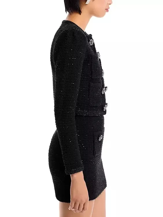 Women’s Decorative-Button-Embellished Black Tweed Jacket and Mini Skirt Set