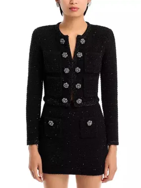 Women’s Decorative-Button-Embellished Black Tweed Jacket and Mini Skirt Set