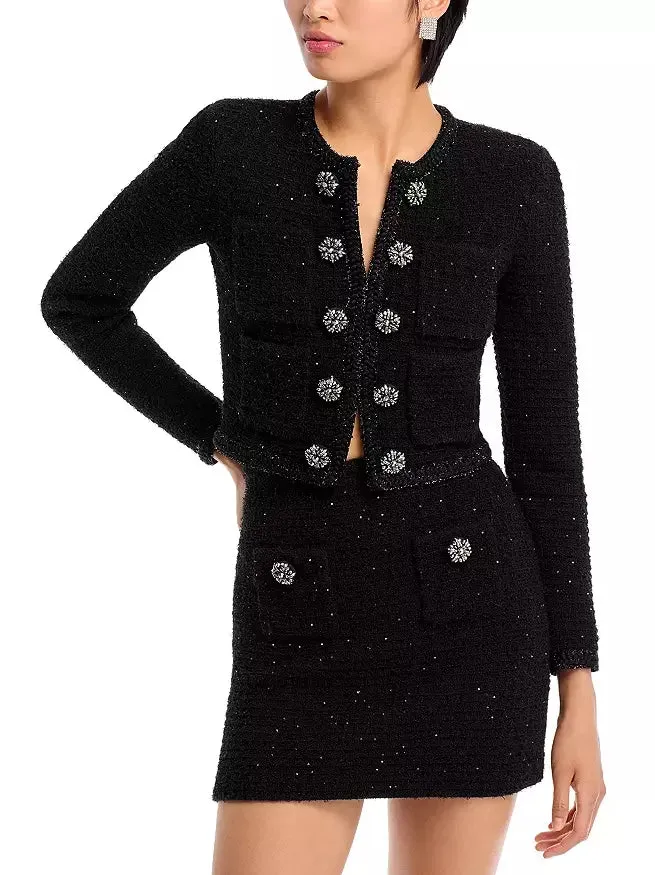 Women’s Decorative-Button-Embellished Black Tweed Jacket and Mini Skirt Set