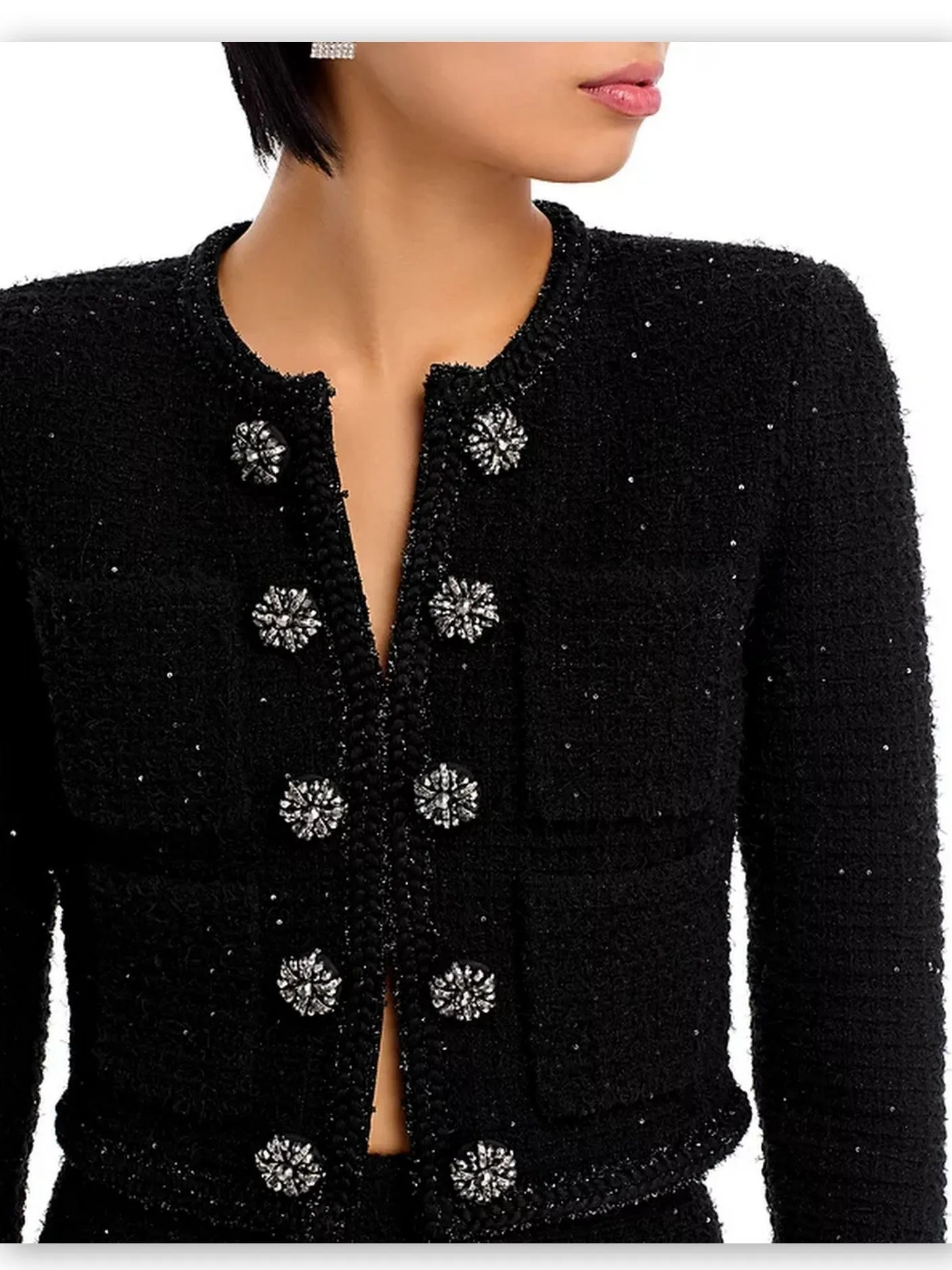 Women’s Decorative-Button-Embellished Black Tweed Jacket and Mini Skirt Set