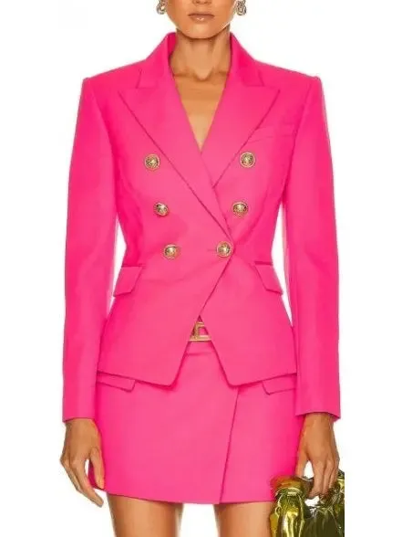 Women’s Double-Breasted Blazer and Skirt Set in Fuchsia Pink