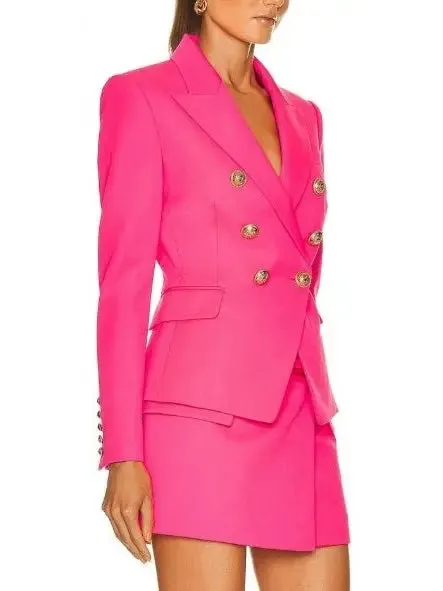 Women’s Double-Breasted Blazer and Skirt Set in Fuchsia Pink