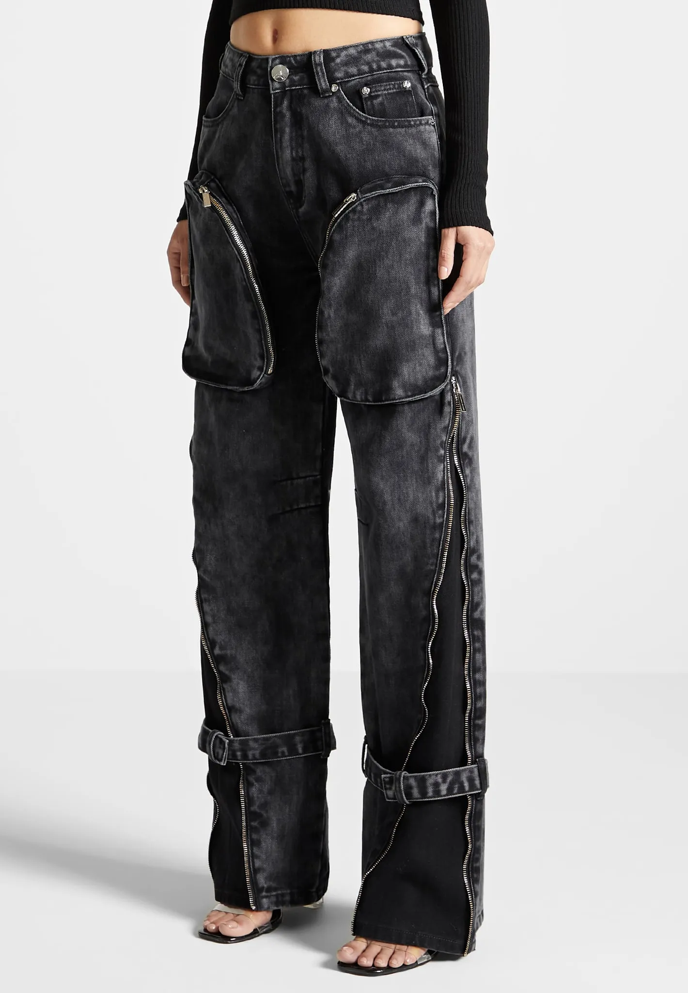 Zip Detail Denim Cargo Pants - Washed Black